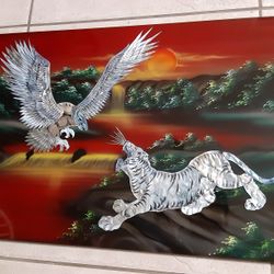 ORIENTAL DECOR MOTHER OF PEARL TIGER AND EAGLE WALL PICTURE