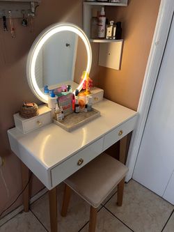 White Vanity Desk with LED Mirror and Stool