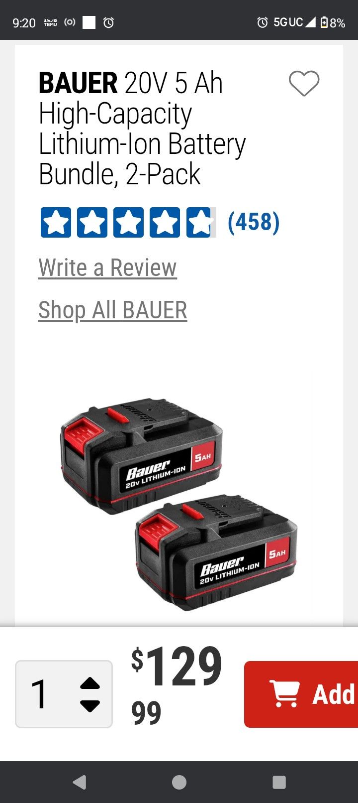 Bauer 20v 5Ah HD Tool Battery 2 Pack New In Box Look @@