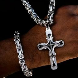 2-Pcs Multi-layer 2-Tone Black & Silver Cross Pendant With 24" Byzantine Silver Necklace & Bracelet 