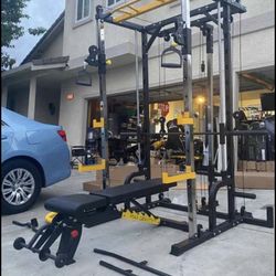 Smith Machine Combo With Fully Adjustable Commercial Bench And 300lb Olympic Weight Set With Barbell And Clips
