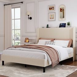 1213A Queen Size Bed Frame with Velvet Upholstered Headboard Wingback, USB/Type-C Charging and LED Lighting No Box Spring Needed for Bedroom Guest Roo