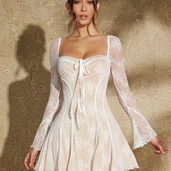 Women's Lace Corset Style Dress with Ruffled Hem and Pleats