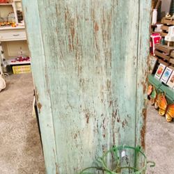Antique Vintage Blue Chippy Door and Metal Bicycle Plant Stand Shabby Chic Garden Yard Cottage Decor