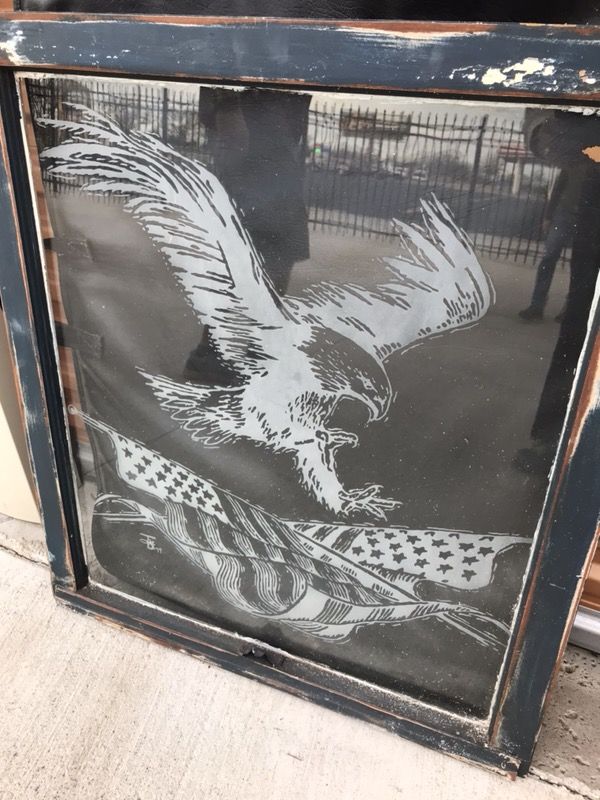 American Flag Eagle sandblasted on Vintage wooden window
