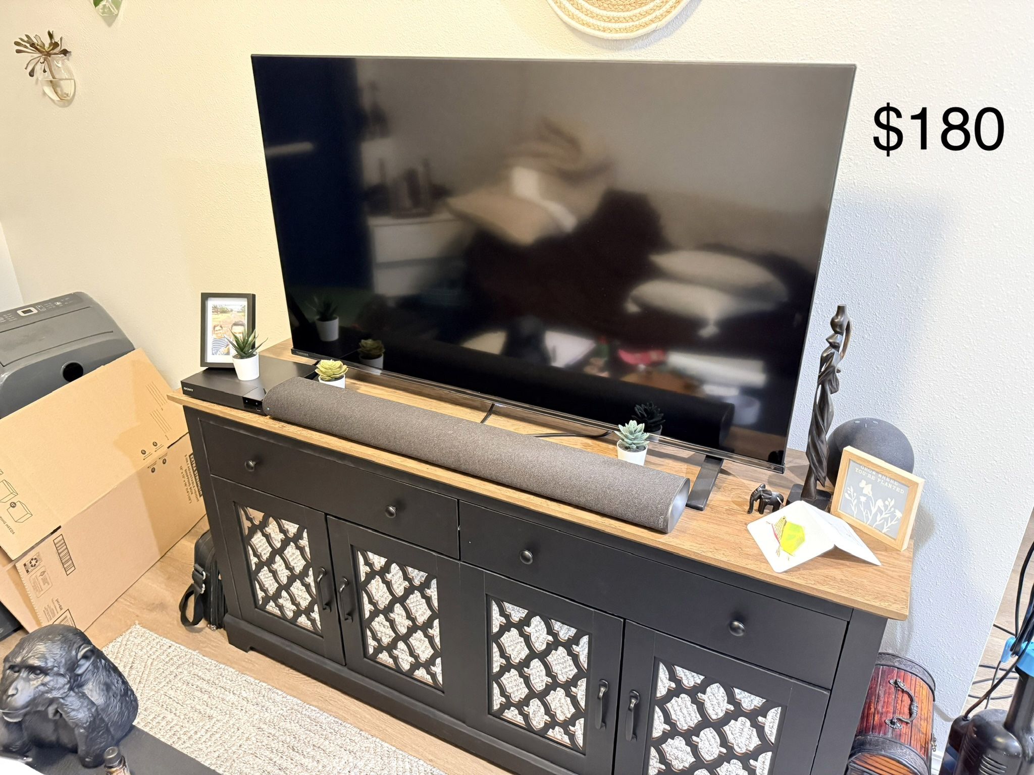 Farmhouse TV Stand for Television Up to 75 Inches 4 Mirror Doors Entertainment Center with Storage & 2 Drawers Rustic TV Consoles