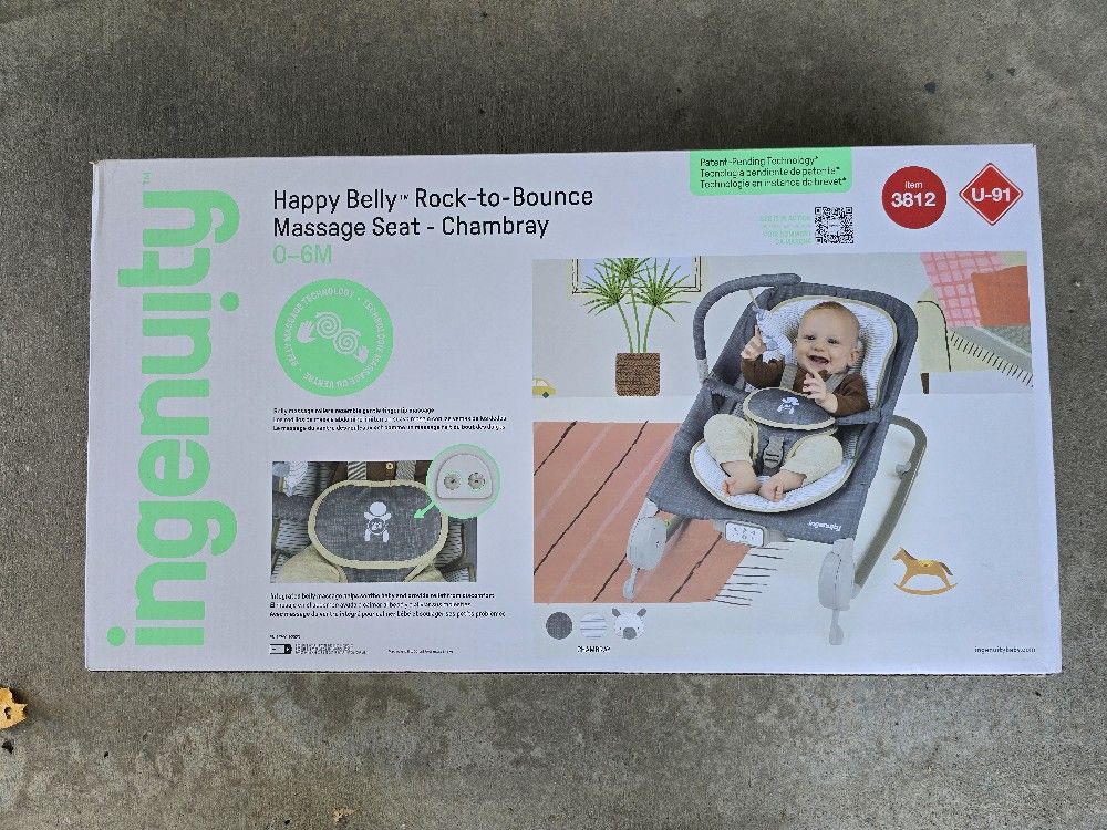ingenuity 2-in-1 happy belly rock to bounce massage seat chambray