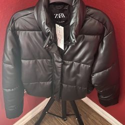 Zara All Black Leather Puffer Coat