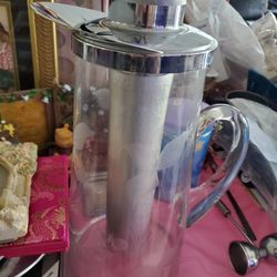 Old Clear Glass Etched Flowers pitcher  Inside Tube For Ice Bucket 