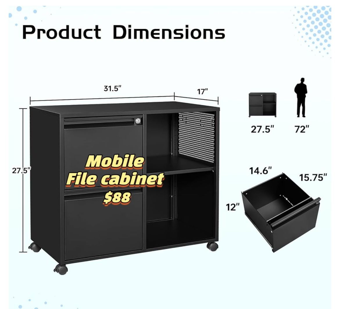 ✌️ MIIIKO 2 Drawer File Cabinet on Wheels, Metal Filing Cabinets with Storage Shelves, Home Office Mobile File Cabinet with Lock