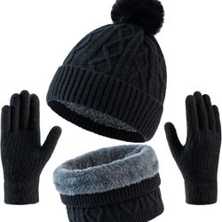 Winter Beanie Hat Circle Scarves Touchscreen Gloves Set