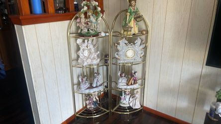 Pair of Gold Metal Arched Display Shelves with Figurines