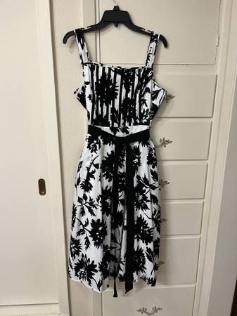 Charter Club 100% Cotton White Lined Black Print Dress - Size 12
