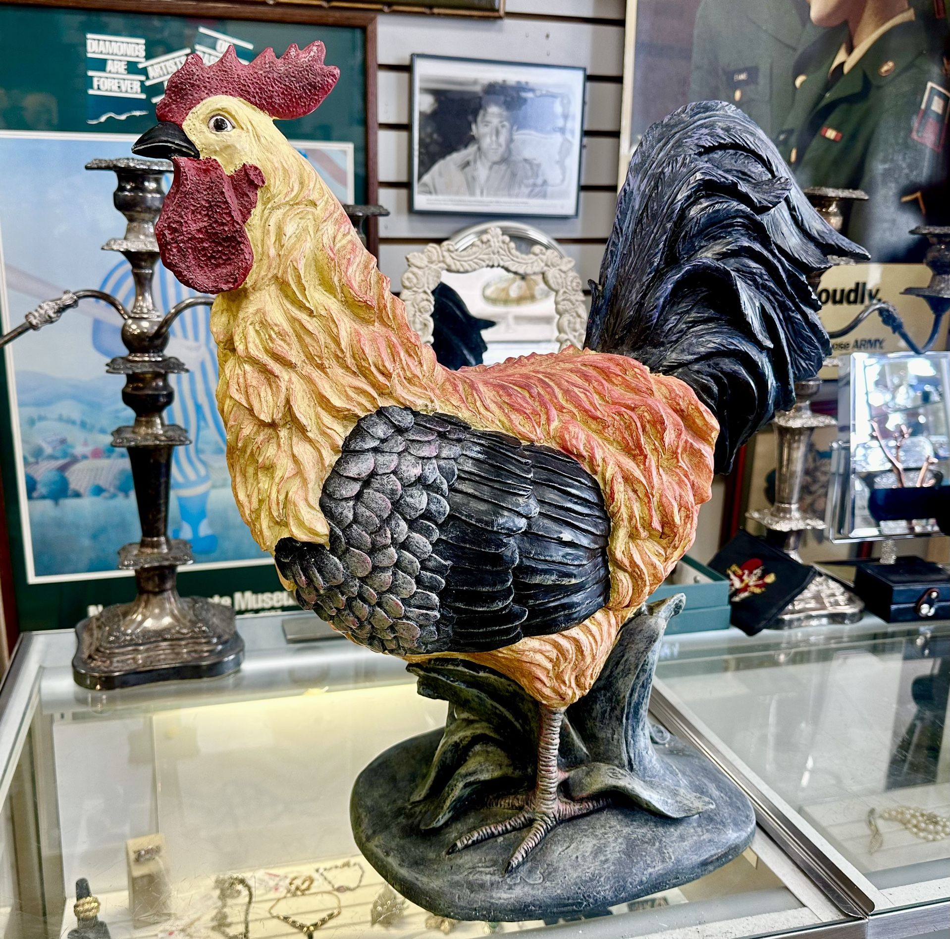 20” Huge Hand Painted Resin Vintage Country Rooster Statue Very Colorful