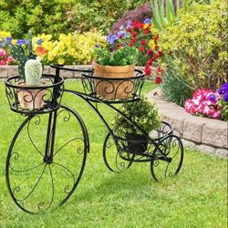 XJJ280-G2 Bicycle Planter, Flower Pot Stand with 3 Decorative Wheels, 3 Collection Baskets, Metal Steel Frame, Tricycle Plant Stand for Outdoor, Indoo