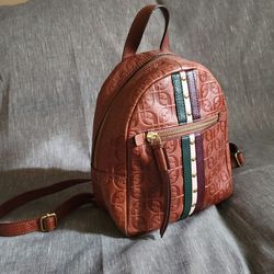 NDS Women's Fossil Signature Stripes Quilted Brown Leather Backpack pack