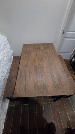 Rustic Wood Table with Metal Legs and Two Benches
