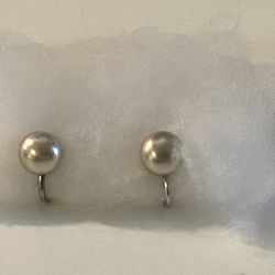Vintage Screw Back Faux Pearl Stud Earrings Silver Tone Round White Fashion