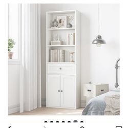 Casaottima Book Shelf & Bookcase with Doors and Drawer, 6-Tier Tall Bookshelf, Floor Standing Display Storage Shelves for Home Office, Living Room, wh