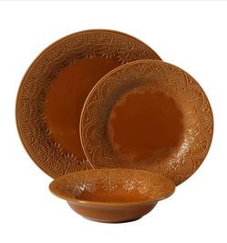The Pioneer Woman Vintage Lace 12-Piece Ceramic Dinnerware Set, Caramel