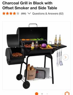 Charcoal Grill in Black with Offset Smoker and Side Table