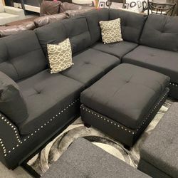 Black 3Pcs Sectional Sofa w/Ottoman (Reversible L/R Chaise)👉FREE FINANCING AVAILABLE 👉 NO CREDIT CHECK 