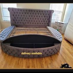 Button Tufted Velvet Gray Round Storage Bed🎊 New Brand 💯 Bedroom ☑️ Color Options ✅
