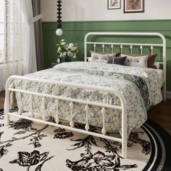 SHA CERLIN Full Metal Bed Frame with Victorian Iron-Art Headboard, Cream