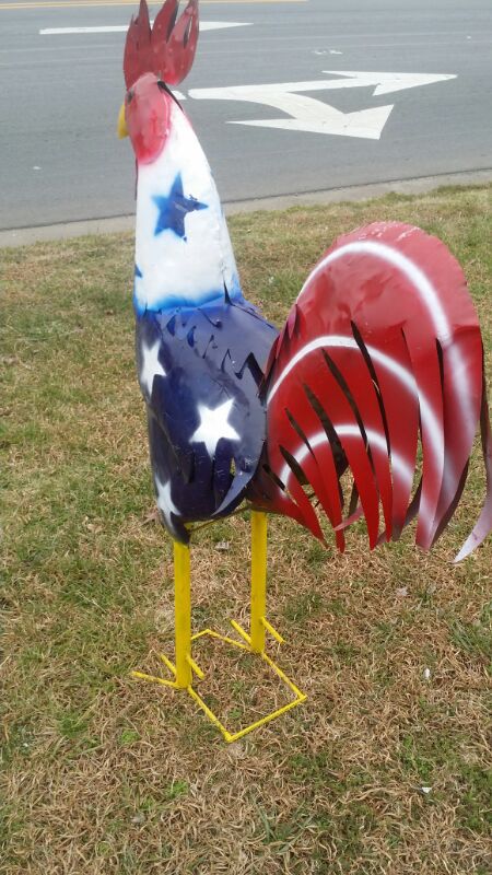 Red White and blue metal yard art rooster