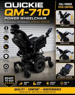 Quickie QM-710 Power chair w/ Attendant Joystick, Elevate and Fully Loaded High-end Quickie QM-710 rehab power chair in excellent condition. This is