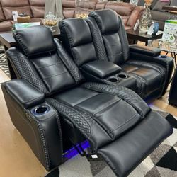 Party Time Midnight LED Power Reclining Sofa with Adjustable Headrest By Ashley 🚛Same Day Delivery📌WİTH İNTEREST FREE PAYMENT OPTİONS