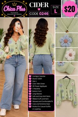 CIDER Mint Green Floral Cardigan Sweater Size L