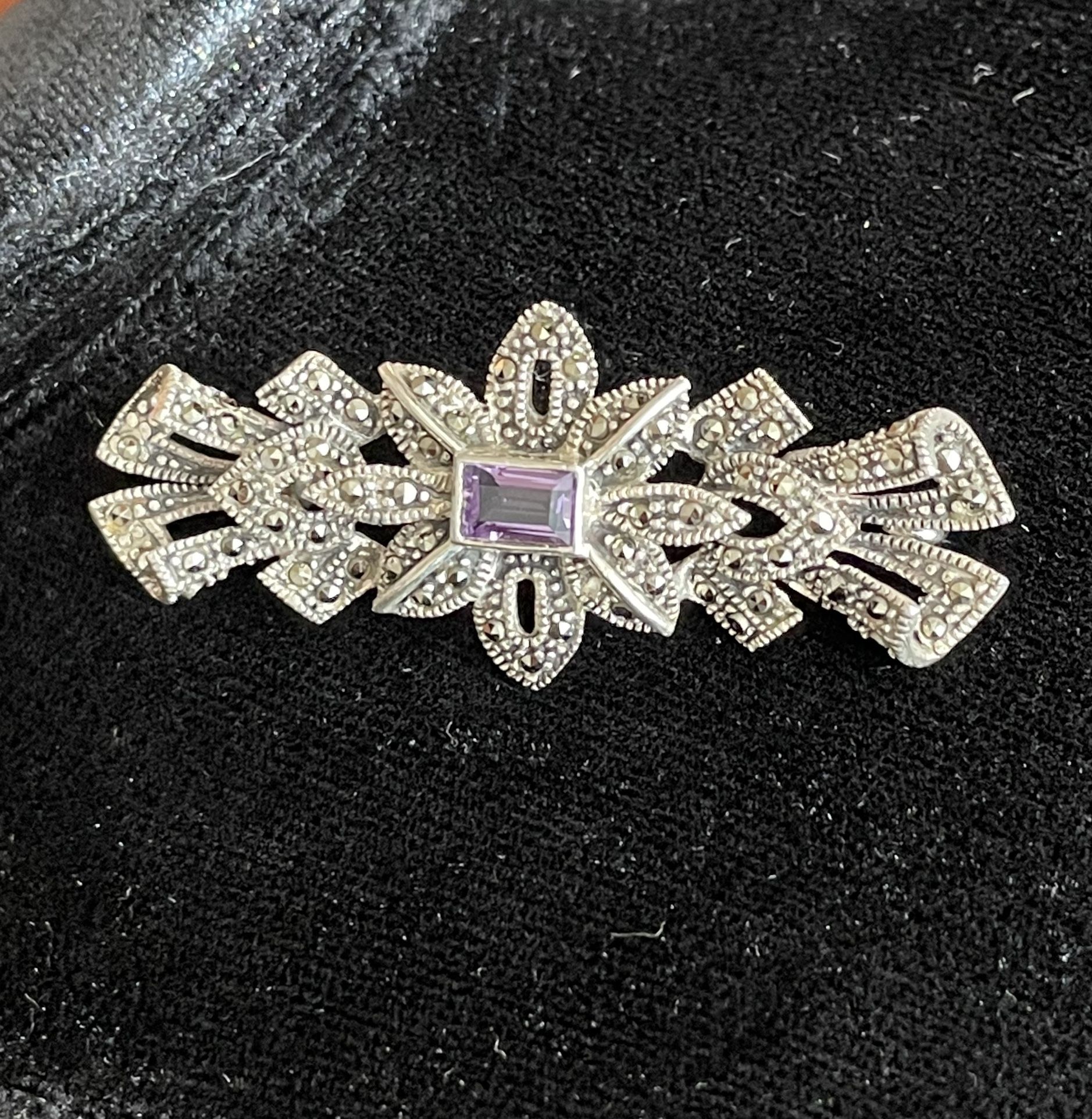 1(contact info removed) Vintage Art Deco Sterling Silver 925 Marcasite Amethyst Brooch Pin.