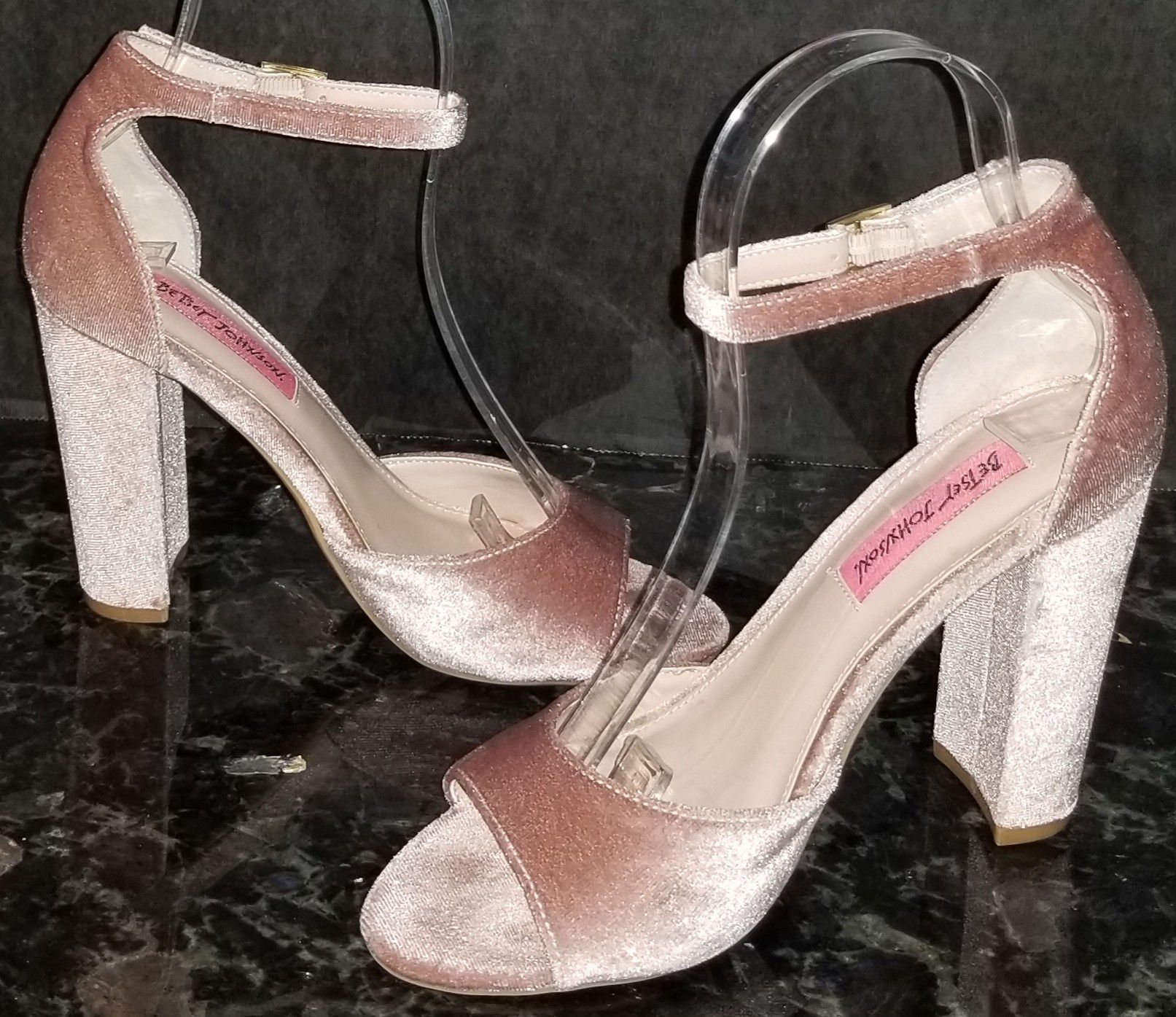 Betsey Johnson 5.5 Pink Velvet High Heels Pumps Stilettos Shoes, Ankle Straps NwoT