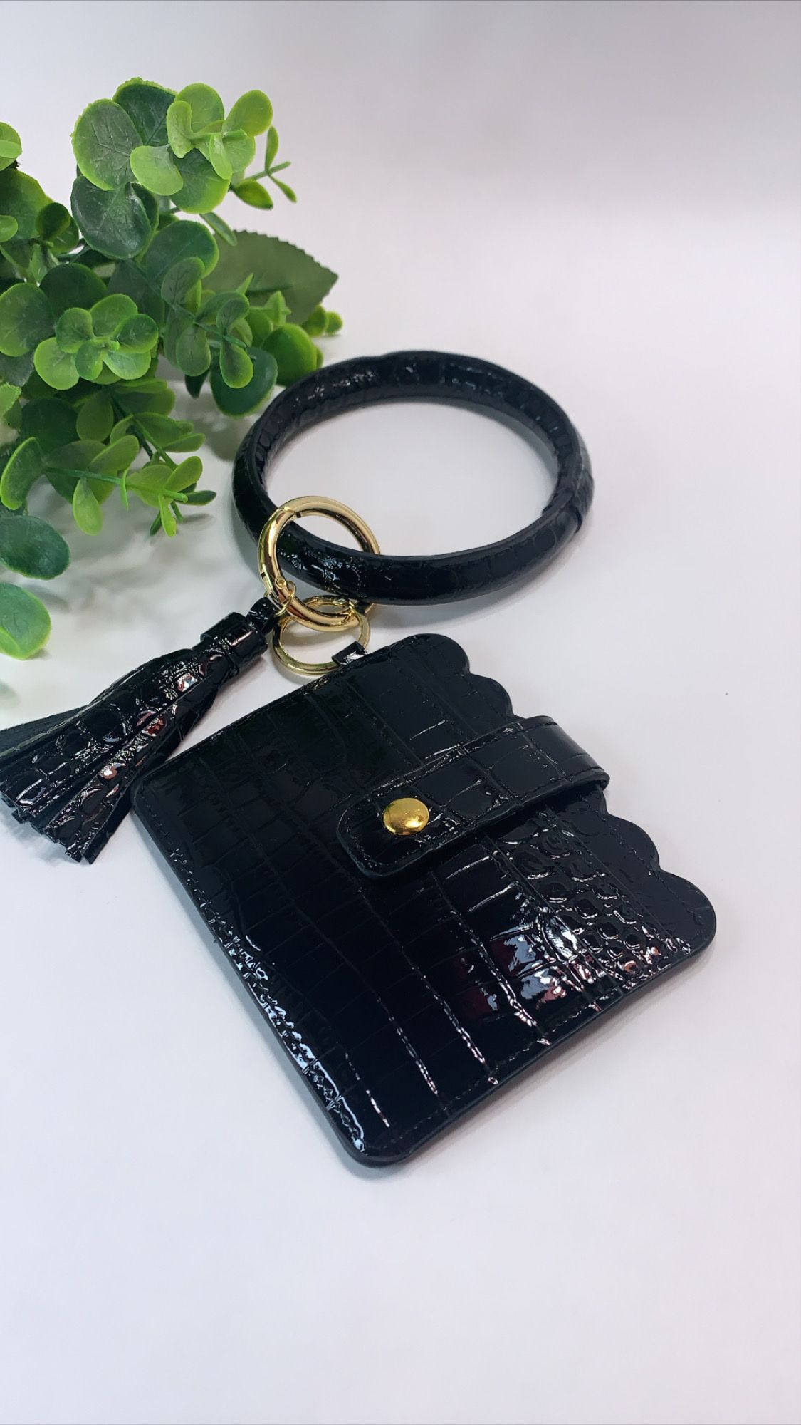 High Quality PU Leather Wristlet Keychain Wallet/Card Holder Big Circle, Black