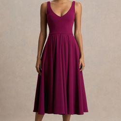🥀 Club L London “Depths” Burgundy V-Neck Midi Dress | Elegant Evening Dress