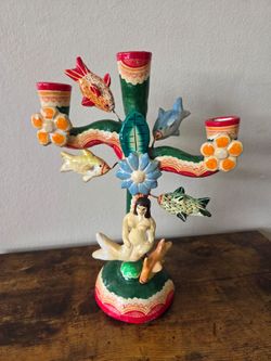 Mexican Folk Art Candelabra Candle Holder Mermaid Fish Tree Of Life Day of the Dead