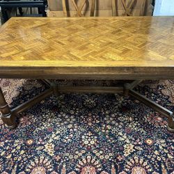 Vintage Trestle Base Table Marquetry Top 6 Reed Chairs