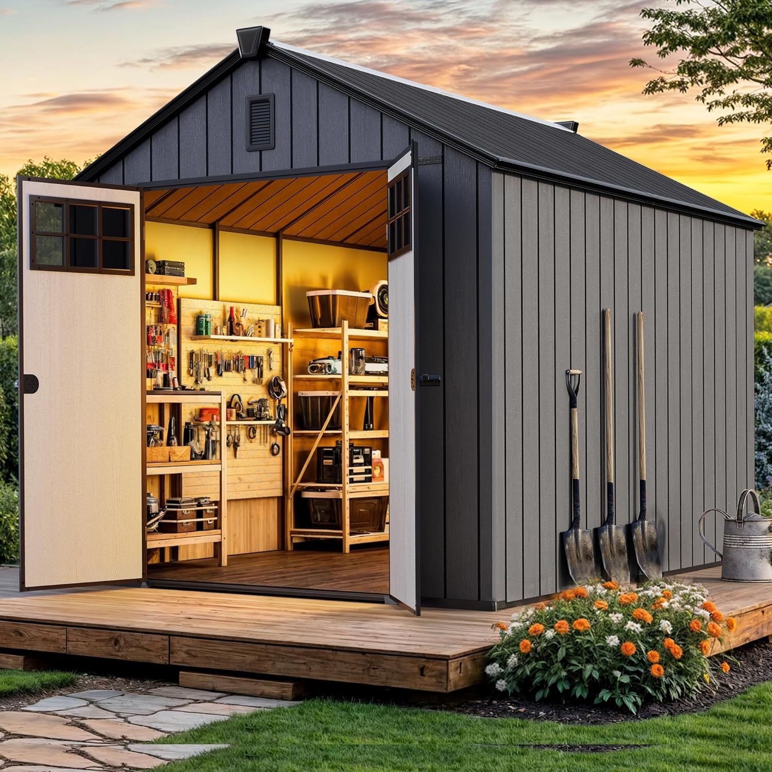 YITAHOME Outdoor Storage Shed 8x10 Ft, Plastic Storage Sheds with Floor, Lockable Doors, Windows, and Vents for Patio, Lawn, Backyard, Large Garden St