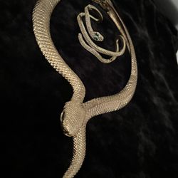 Gold Snake Necklace And Cuff Bracelet 