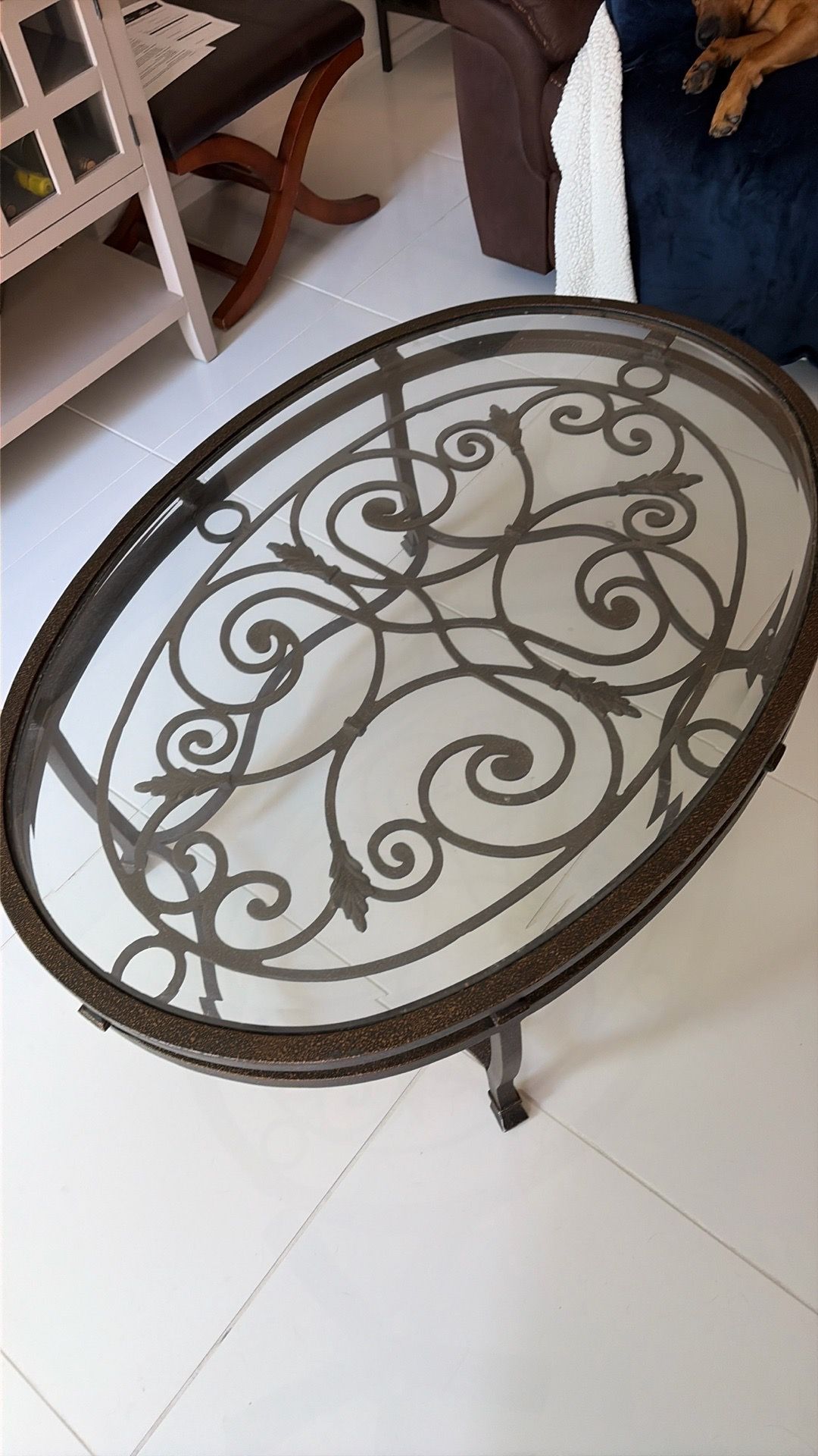 Vintage Inspired Iron & Glass Oval Coffee Table