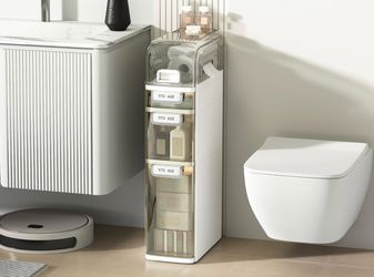 3 Tier Slim Bathroom Storage Cabinet, Narrow Organizer with Wheels and Toilet Paper Holder, Waterproof, No Assembly Required, Perfect for Small Spaces