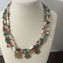 Native American Tica Rosa 925 Beaded 3 Strand Necklace With 3 Small Silver Flower Charms N-2525