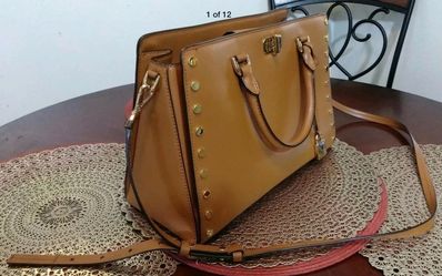 Michael Kors Sylvie Large Studded Leather Satchel Bag Acorn Tan Brown Crossbody Purse 30T7GYFS3L Top Handle Handbag Gold Studs Multi Compartment Struc