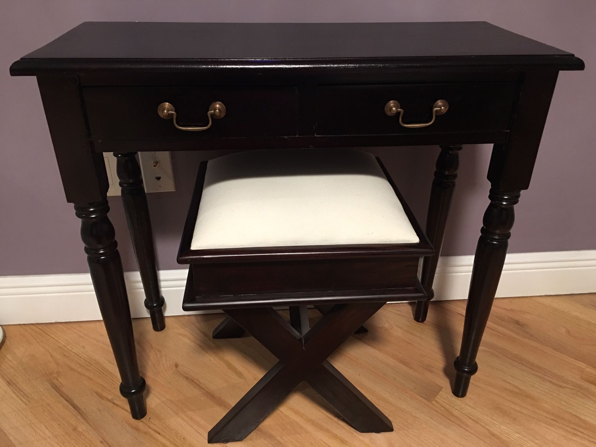 Small Wood 2 drawer Console Desk with upholstered X Stool