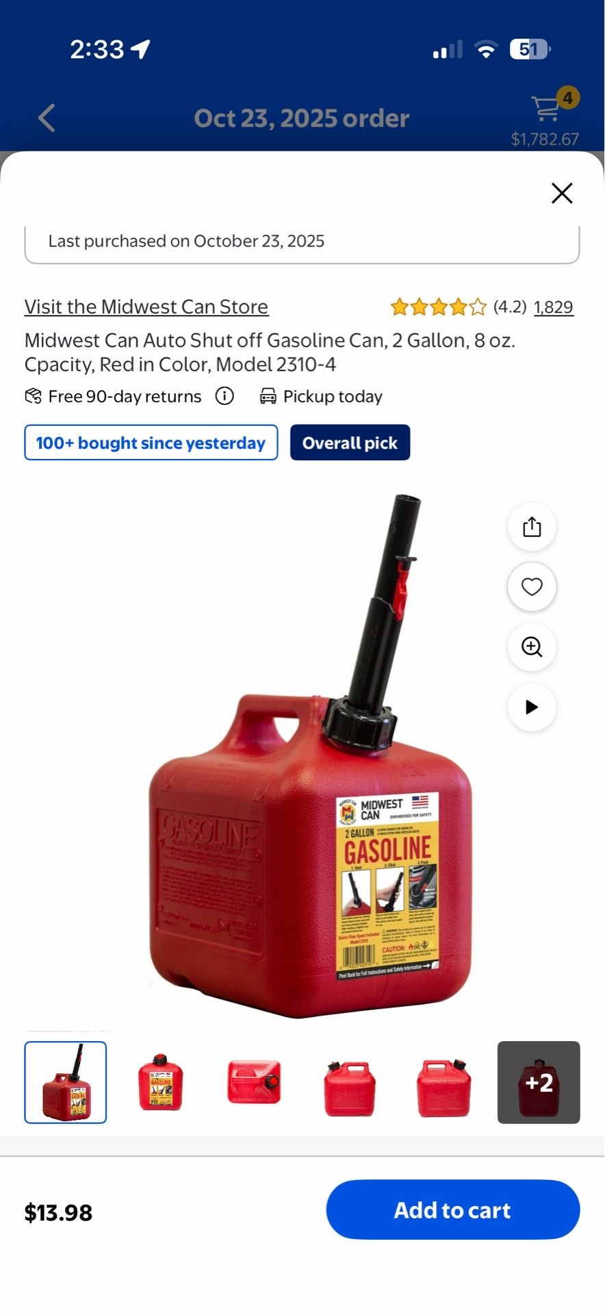 Auto Shut off Gasoline Can - 2 Gallon 8 oz