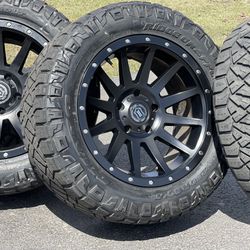 20” Icon Rims Black 5x150 Toyota Tundra Wheels Sequoia Lexus LX Nitto 33x12.50R20 Tires A/T 12ply