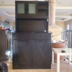 57" X 39" X 14"Black Pantry Hutch With Twin Trash Cans, Drawers, Cabinet, And Power Outlet