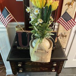 Antique Country Primitive Ceramic Whiskey Jug with Artificial Flower Arrangement