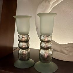 Vintage Glass & Pewter Candle Sticks w/ Vase